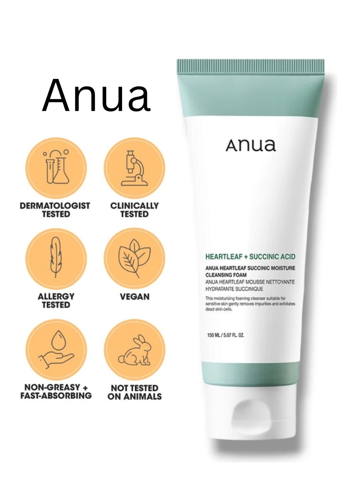 Anua Heart Leaf Succinic Moisture Cleansing Foam 150ml